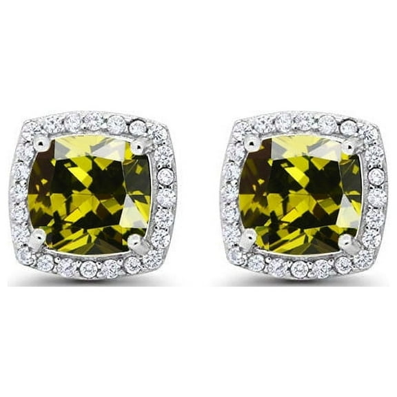 18k White Gold 4 Ct Created Halo Princess Cut Peridot Stud Earrings Plated by Paris Jewelry