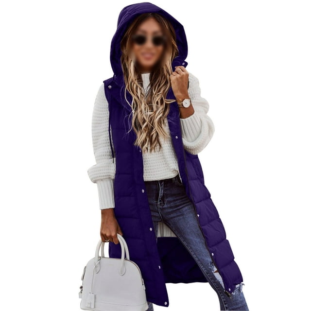 Gilet Long à Capuche pour Femmes Hiver Décontracté Rembourré à Fermeture Éclair Chaud