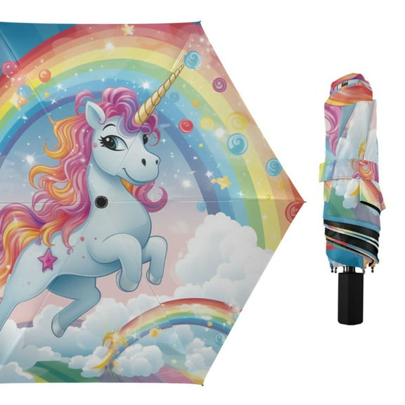 Cartoon Baby Unicorn and Rainbow Compact Sun Umbrella Windproof Travel Umbrellas for Rain Strong Portable UV Protection
