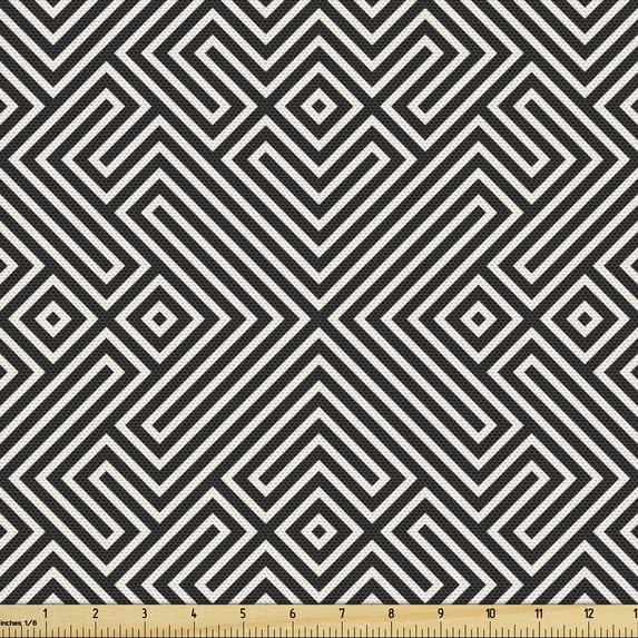 Abstract Fabric by the Yard, Geometric Maze Like Layout of Symmetric Stripes Graphic Structure, Decorative Upholstery Fabric for Chairs & Home Accents, Dark Grey and Eggshell by Ambesonne