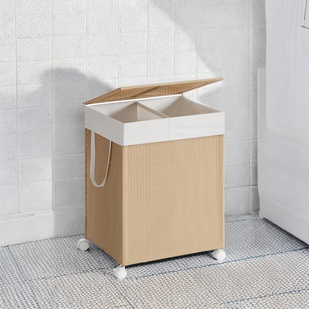LEDREM 2-Section Rolling Laundry Hamper with Lid, 100L Capacity, Wheels & Removable Liner, Rattan Design, Natural Beige and Matte White