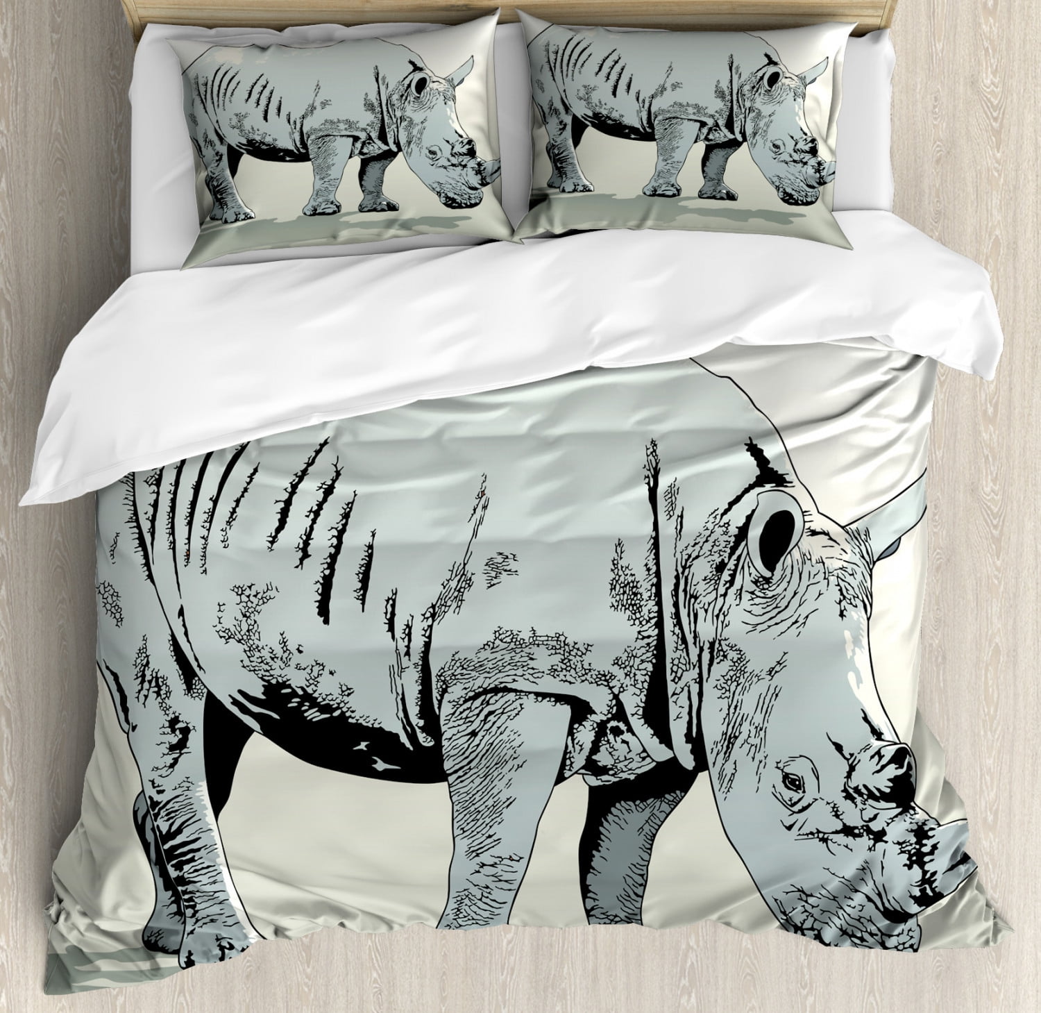 Animal Duvet Cover Set, African Animals Rhinoceros Illustration Tropical Nature Safari Artwork