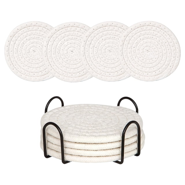 4Pcs Coaster With Metal Holder, Solid Woven Coaster, Drink Coasters With Holder, Cotton Woven Absorbent Coasters for Drinks, Minimalist Home Decor Coaster Set for Wooden Tabletop Protection Table, G
