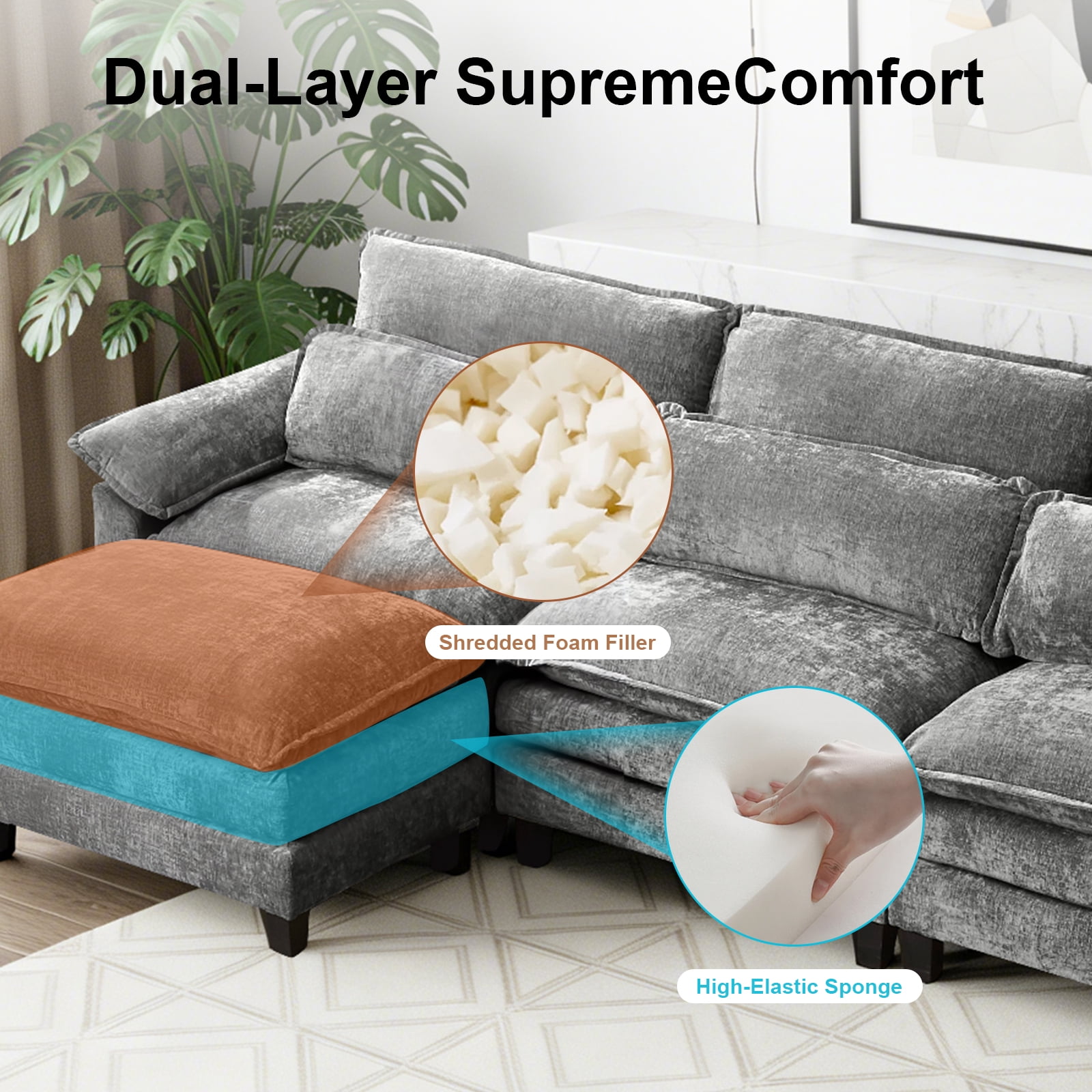 Howcool 148" Modular Sectional Sofa , 4 Seater L-Shaped Cloud Couch with Movable Ottoman, USB Charging Ports & Side Pockets, Sectional couchs for Living Room,Chenille Fabric,Grey