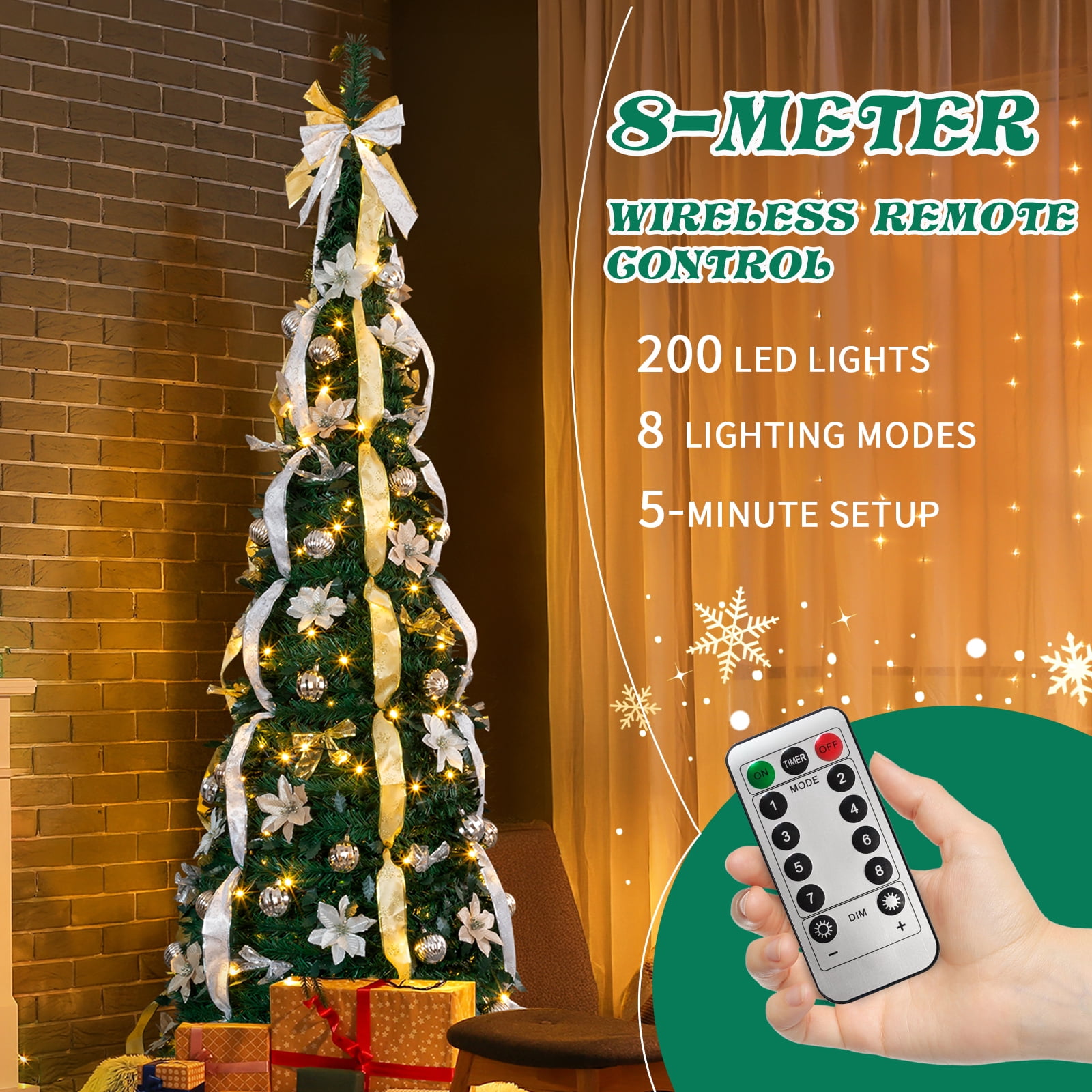 7 ft Pop Up Pre-lit Christmas Tree with 200 Warm Lights, Remote Control, and Golden & Silver Ornaments