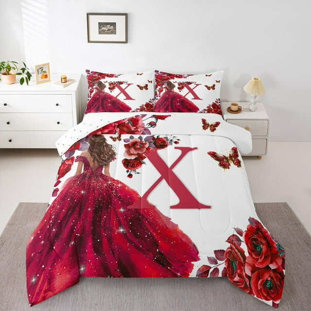 Erosebridal Ensembles de Literie Lettre X Initiale Simple avec Couette, Ensemble de Couette Simple à Fleurs de Rose, Insert de Couette Réversible Robe de Princesse à Paillettes, Décoration de Chambre Respirante, 2 Pcs