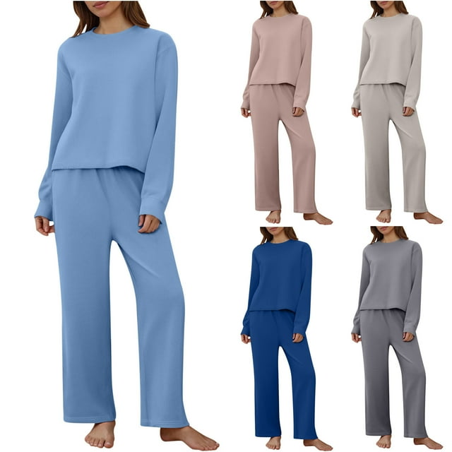 YOIAVAIOY Womens Two Piece Lounge Matching Set Ribbed Knit Crewneck Tops and Pants Casual Solid Track Suits Yoga Matching Outfits Pink L