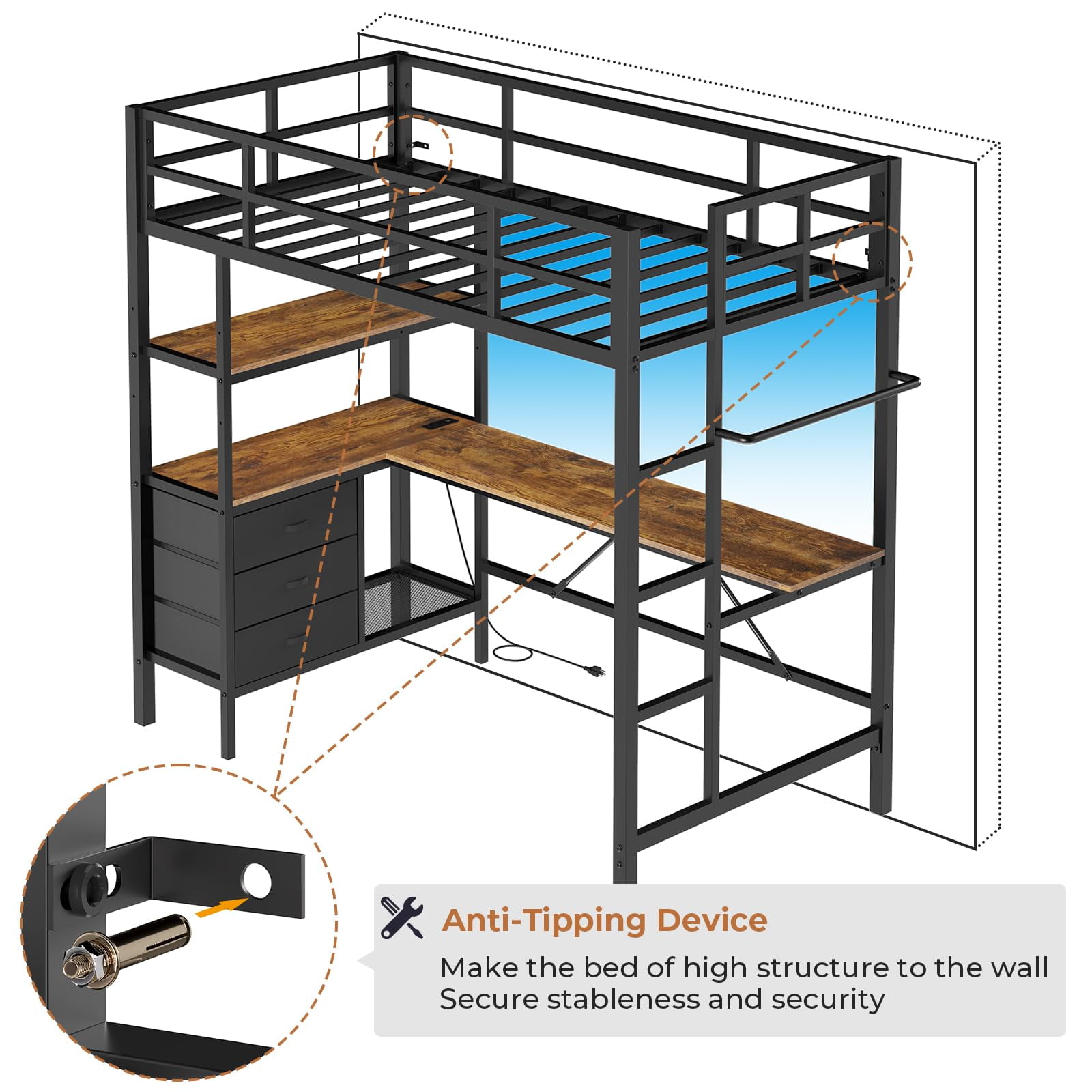 Twin Metal Loft Bed Frame with L-Shaped Desk&LED Lights&Charging Station, Black LED Loft Bed with 3 Storage Shelves&Drawers, Safety Guard & Stairs