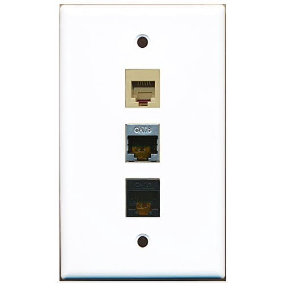 RiteAV - 1 Port Phone RJ11 RJ12 Beige and 1 Port Shielded Cat6 Ethernet and 1 Port Cat6 Ethernet Black Wall Plate