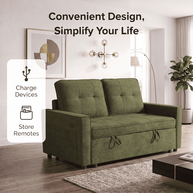 Gewnee 53" Sofa Bed, 3 in 1 Convertible Loveseat Sleeper Sofa, Pull Out Couch with USB Port, Futon Sofa Bed with Storage Pockets for Small Spaces, Teddy Fabric,Green