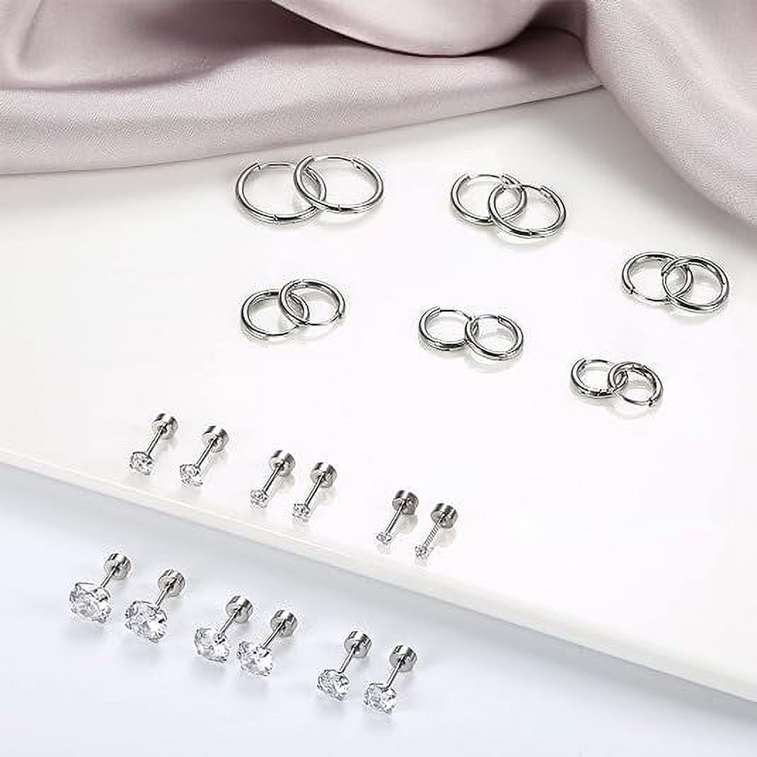 Knubmt 12 Pairs 316L Stainless Steel Earring Set 14K Gold Plated Hoop Earrings Flat Back Stud Earrings for Women Men, Silver
