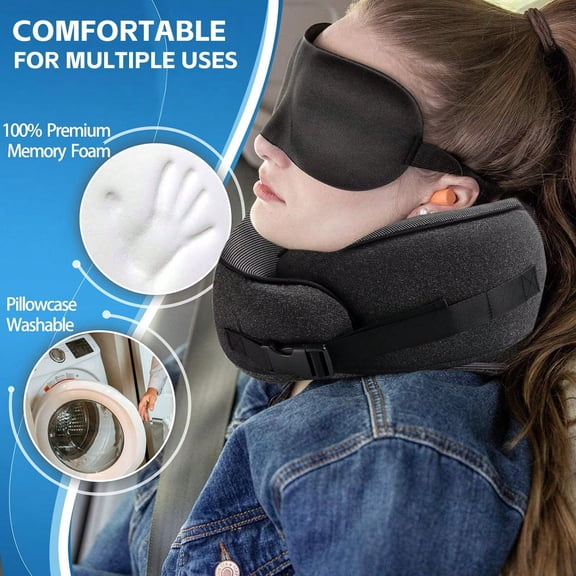 Travel Neck Pillow, 100% Memory Foam U-Shaped Pillow with Breathable Cover, Detachable Support for Plane, Car & Office, Black