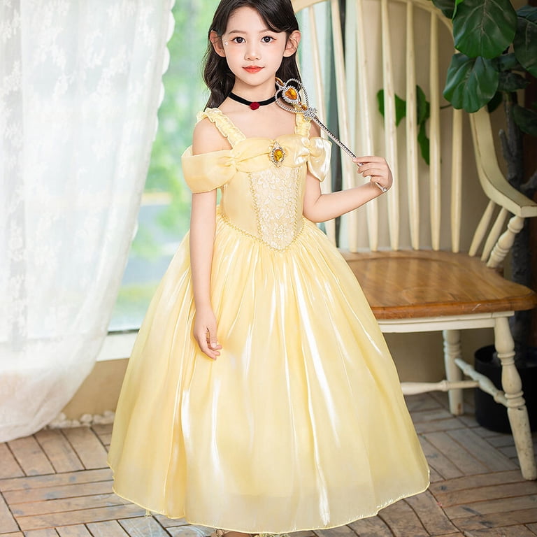 Sueea Girls Belle Princess Dress Off Shoulder Princess Birthday Party Dress Up for 4-9 Year, Girl's, Size: 120/5-6Y, Yellow
