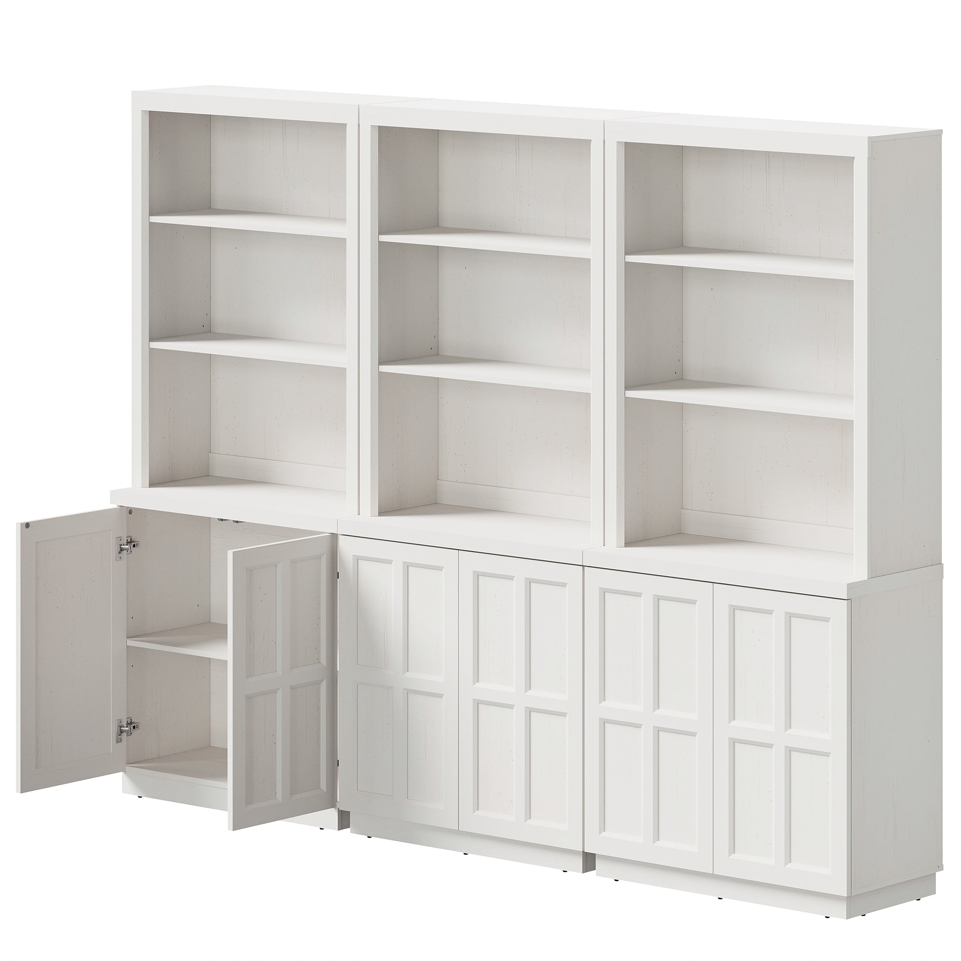 HOMOOI 3-in-1 Freestanding Pantry Cabinet, Boho Rustic Hutch with Open Display Shelves & Adjustable Inner Shelves, Anti-Wobble Wooden Storage Organizer for Kitchen, Dining Room, Entryway,White