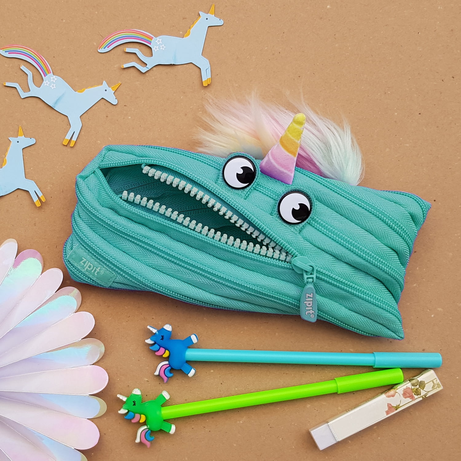 ZIPIT Unicorn Pencil Case for Girls Cute Pencil Pouch Made of One Long Zipper Turquoise Unicorn Walmart
