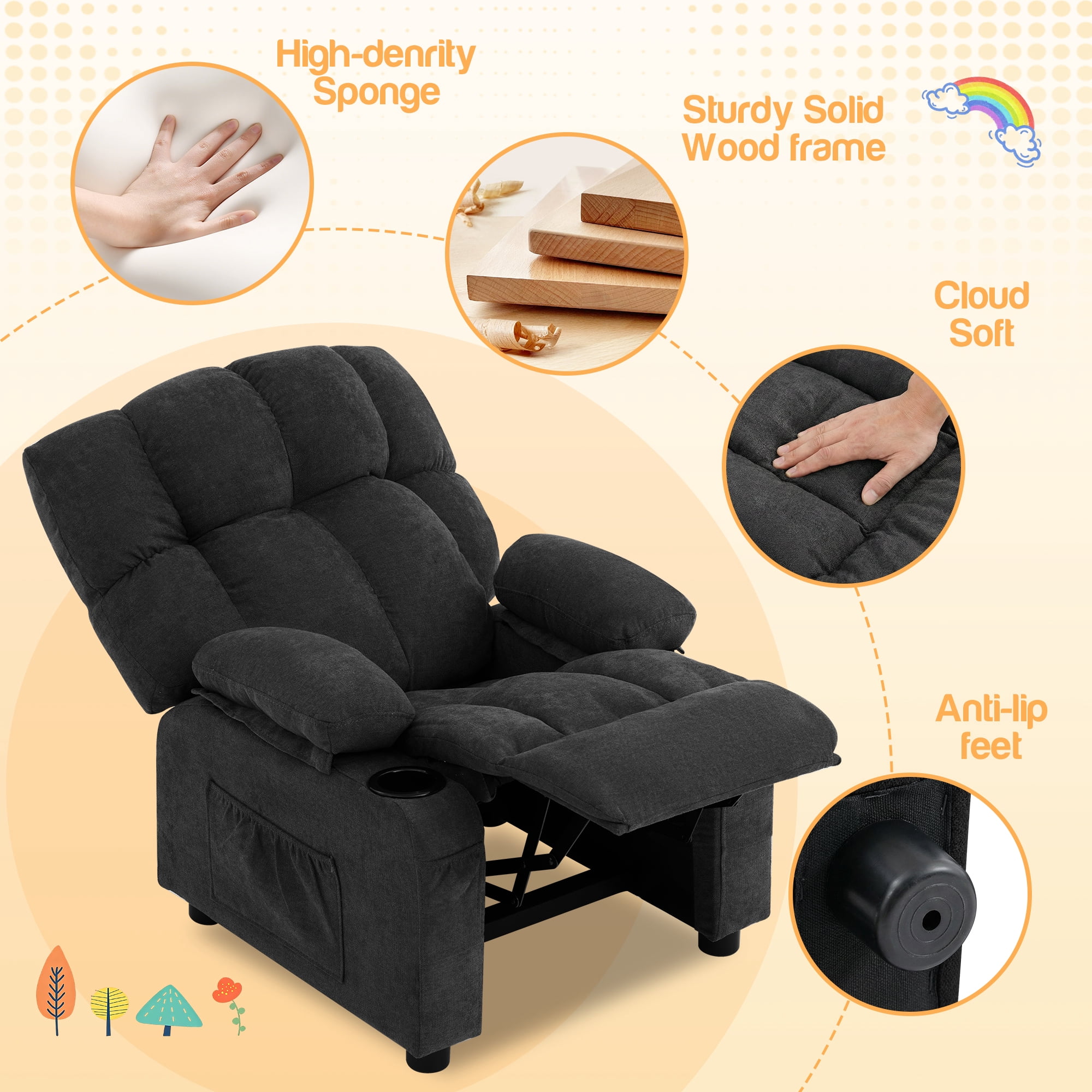 JONPONY Kids Recliner Chair,Push Back Toddler Recliner with Cup Holders & Side Pockets，Adjustable Footrest & Headrest Kids Sofa for Boys Girls 3+ Age Group，Children's Bedroom Furniture，Black
