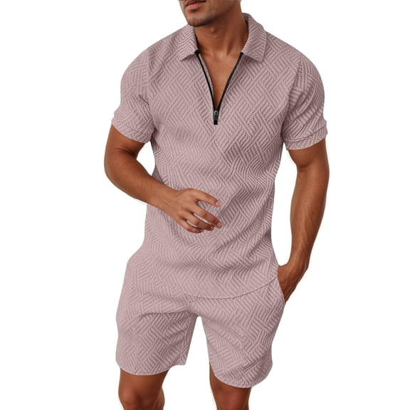 2 Piece Short Sets for Men Summer Beach Outfits Striped Texture Zipper Shirts & Shorts Casual Vacation Set