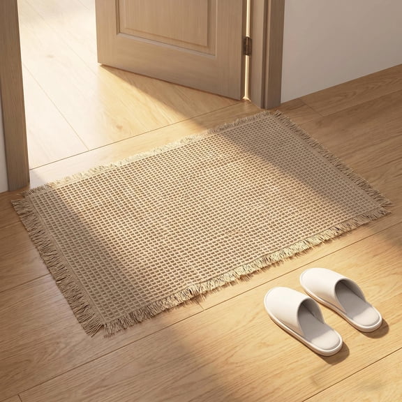 1 Pack Waffle Door Mat, 35.43 x 23.62 in Brown Polyester Fiber Entryway Rug with Fringe, Absorbent Quick-Dry Non-Slip Backing, Machine Washable for Home Use