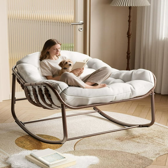 Danolapsi Outdoor Papasan Rocking Chair, Oversized Wicker Lounge Chair with Cushion and Metal Frame, Patio Rattan Egg Rocker for Balcony Backyard Porch Bedroom