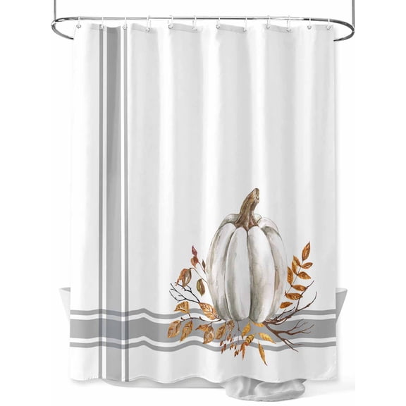 Thanksgiving Autumn White Pumpkins Maple Branch Gray Stripes Shower Curtain Set ，Waterproof Fabric Shower Curtains Shower Curtains for Bathroom,Bathroom Decor 72"x72"
