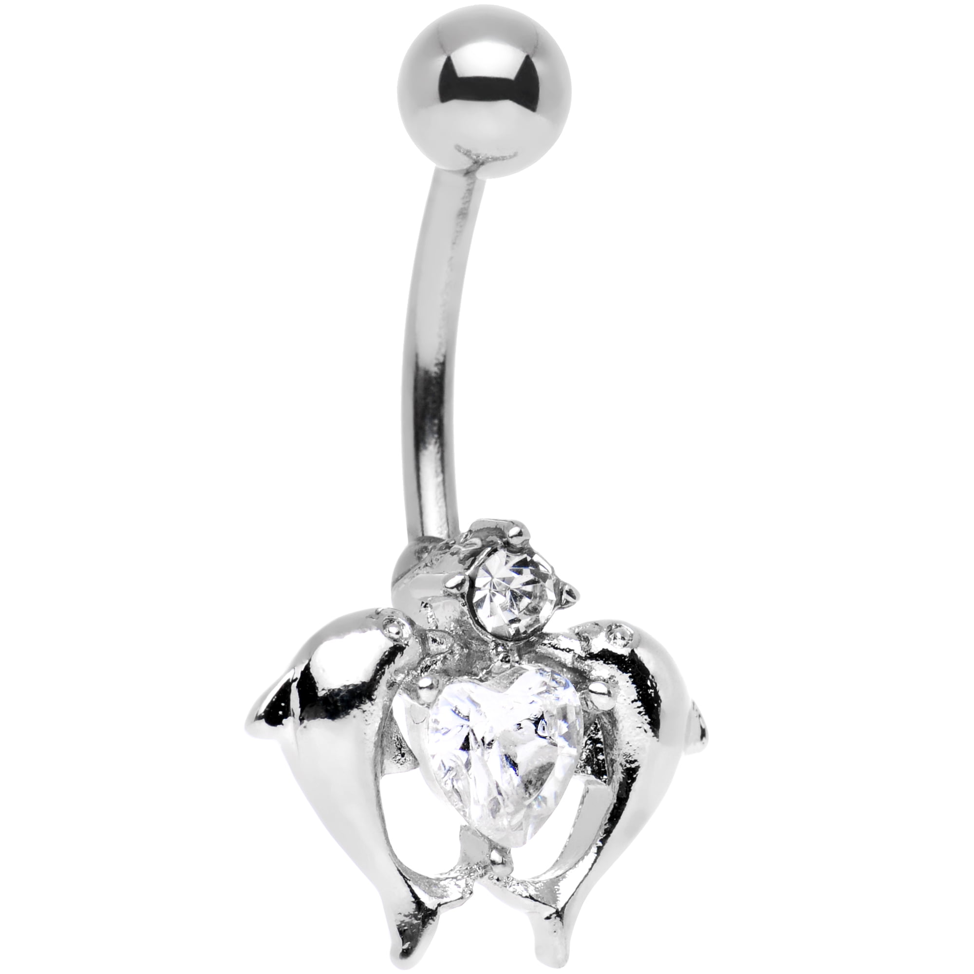 Body Candy Stainless Steel Clear Accent Double Dolphin Heart Belly Ring
