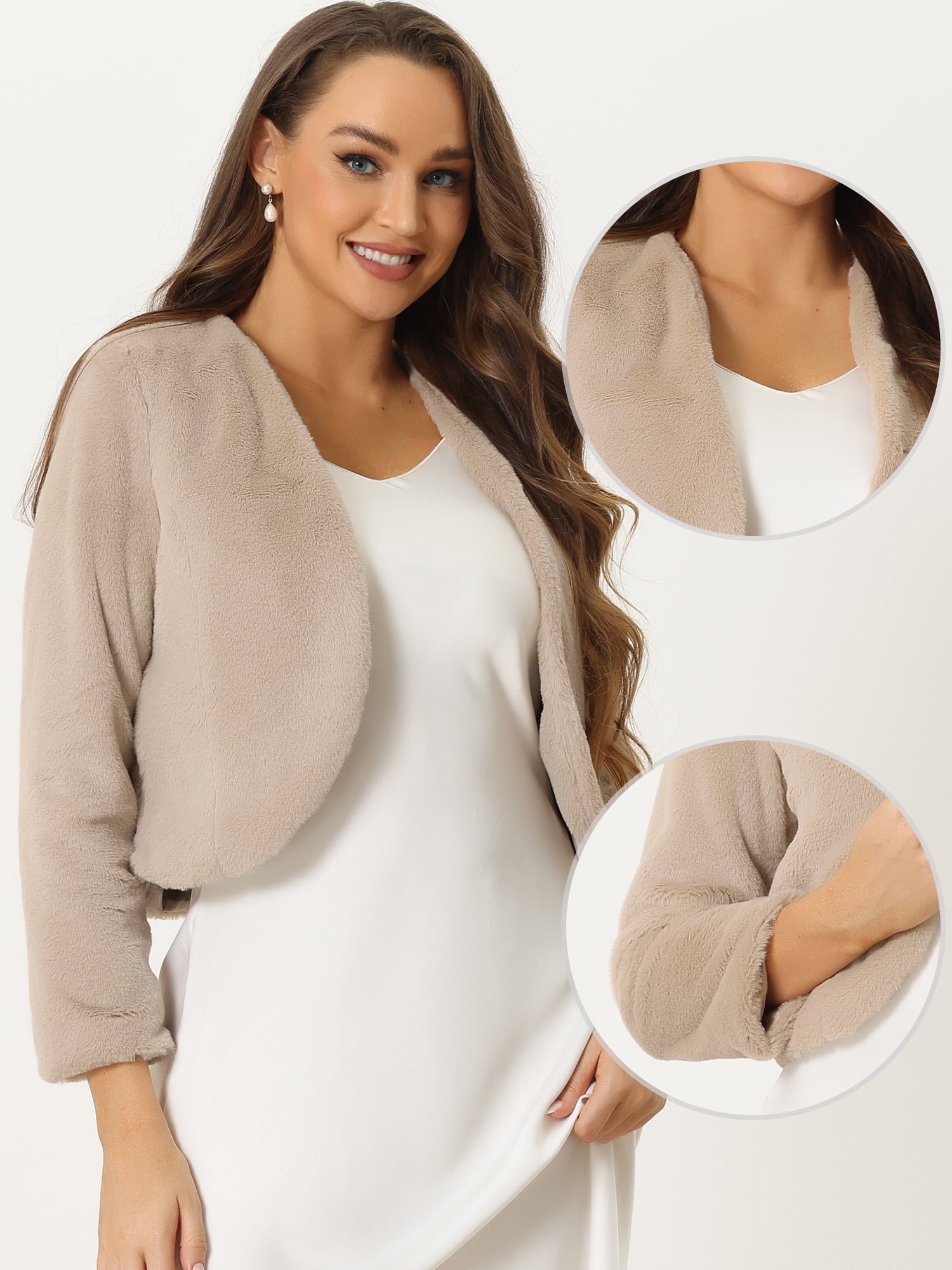DARING DIVA Women's Faux Fur Cropped Open Front Jacket Bolero Coat XS Khaki
