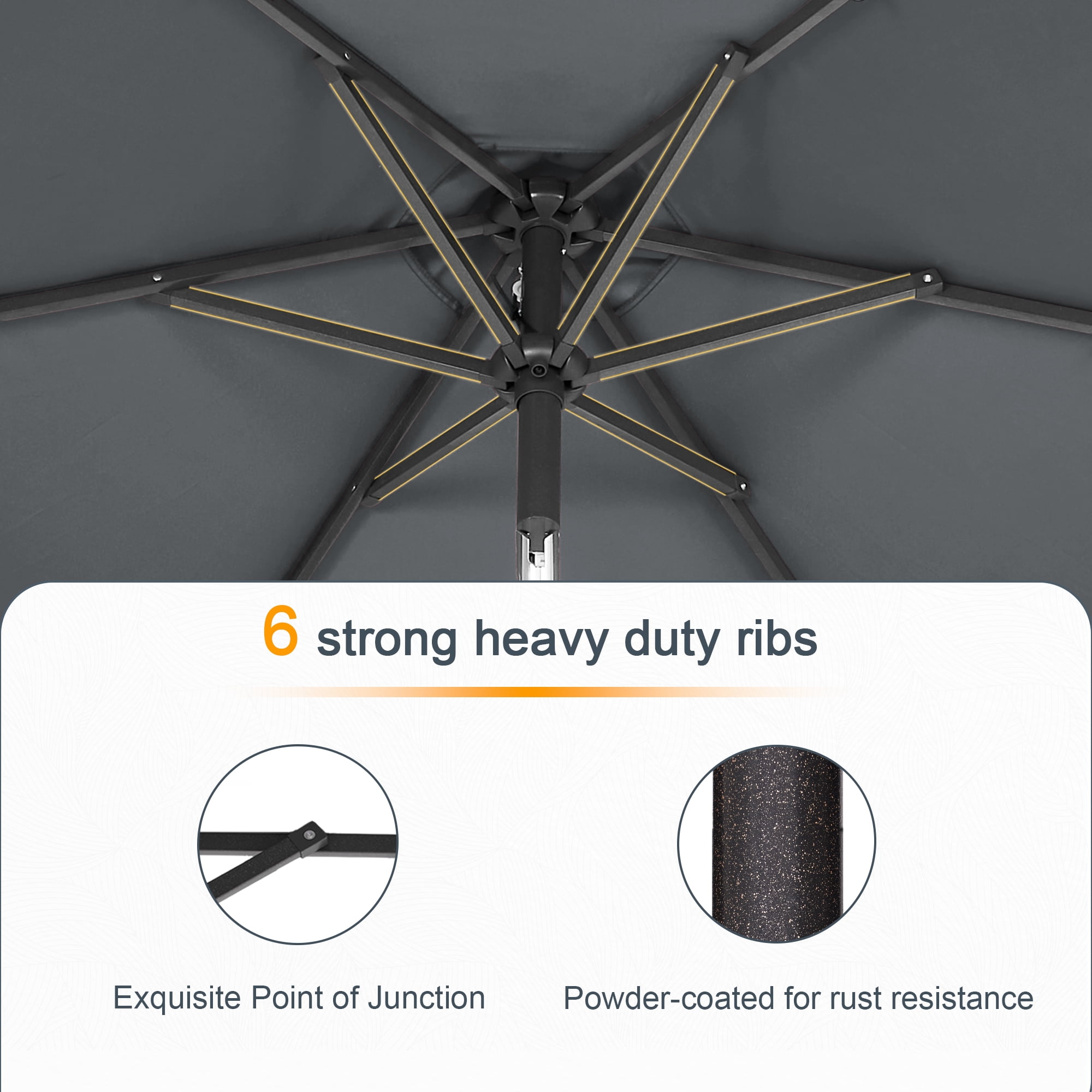 ACEGOSES LED Outdoor Patio 6x9ft Deck Solar Light Market Umbrella, Outside Table Umbrellas With Polyester canopy,Anthracite