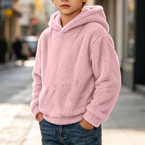 Lutiedan Boys Girls Sherpa Fleece Hoodie Kids Casual Fuzzy Sweatshirt Plush Winter Warm Hooded Pullover Tops Size 3-14,Pink