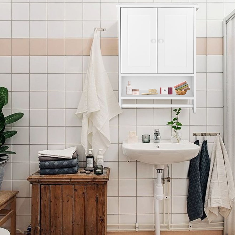 Ktaxon Bathroom Wall Cabinet, Wall Mounted Over the Toilet Storage Cabinet Organizer with Double Doors, 1 Adjustable Shelf, 1 Towel Bar, White