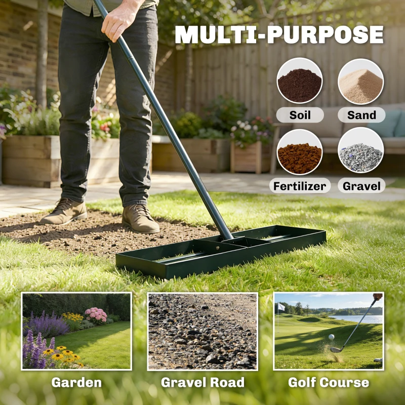 Outdoor Heavy Duty Garden Leveling Rake 29.9 Inch Wide Head Rustproof Powder Coated Metal Detachable 66.5 Inch Long Handle Lawn Soil Sand Flatting Tool