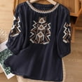 thumbnail image 2 of Dazajoo Womens Linen Embroidered Tops 3/4 Sleeve Boho Ethnic Style Peasant Tee Dressy Casual Round Neck Vintage Shirts,Navy,L, 2 of 8