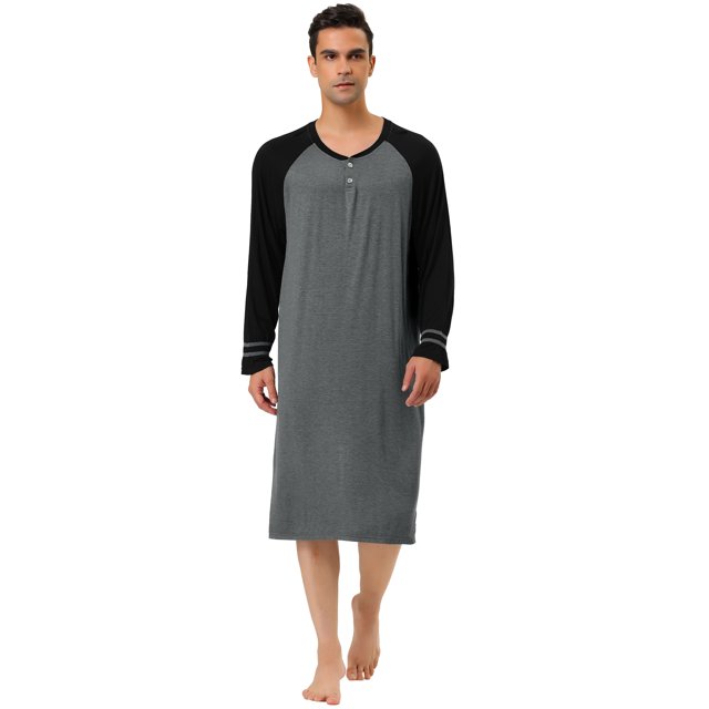 Camisones de hombre Contraste Color Henley Sleep Shirt Lounge Sleepwear Camisón Pijamas Gris Oscuro Negro L Unique Bargains Camisone