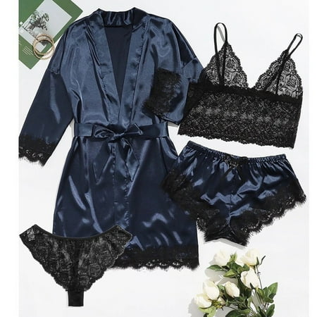 Lingerie Women Cute Heart Print Satin Belted Robe Camisole Shorts Pajamas