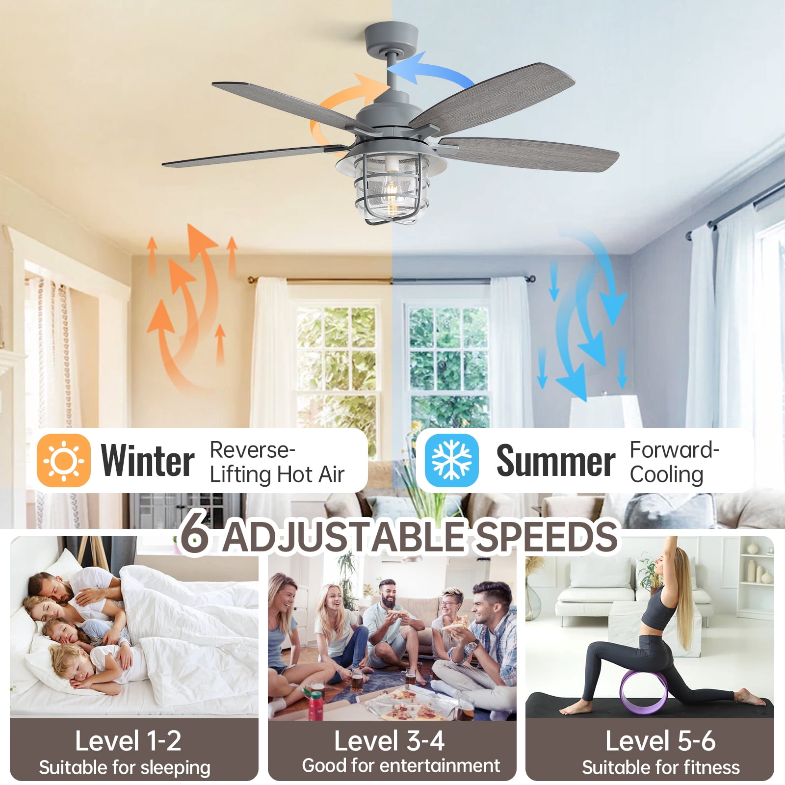 Sofucor 52 inch Ceiling Fan with Light 5 Wood blads with 2 colors, Dimmable, Reversible, Quiet Motor