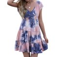 thumbnail image 2 of Uhndy Women's Tie Dye Print V Neck Short Sleeve Ruffle Hem Pleated Mini Dress, Ruffle Pleated Skirt, Women Short Sleeve Mini Dress, Tie Dye Dress S-1-2XL, 2 of 6