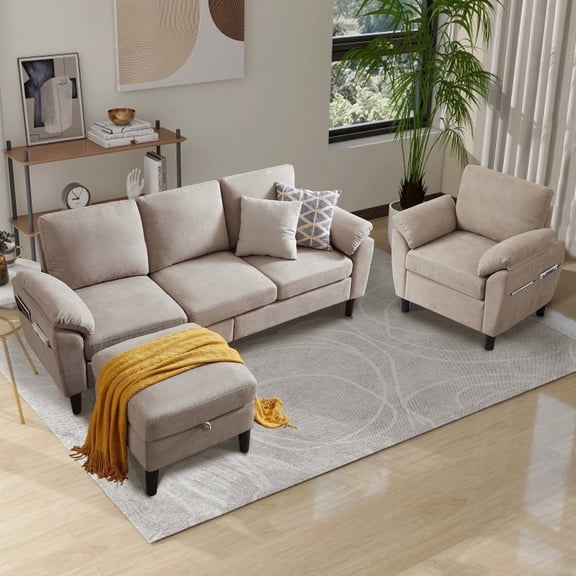 Soscana Living Room Furniture 2 Piece Set,Sectional Sofa Couch with Storage Ottoman and Accent Chair,Beige