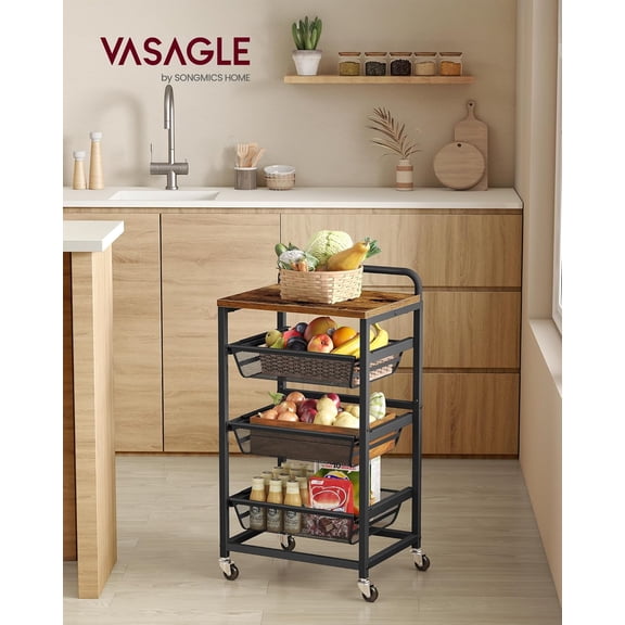 Storage Cart with Pull-Out Baskets, 4-Tier Kitchen Cart with Wheels, Handle, 12.5 x 15.8 x 29.9 Inches, Rustic Brown and Ink Black ULRC040K01