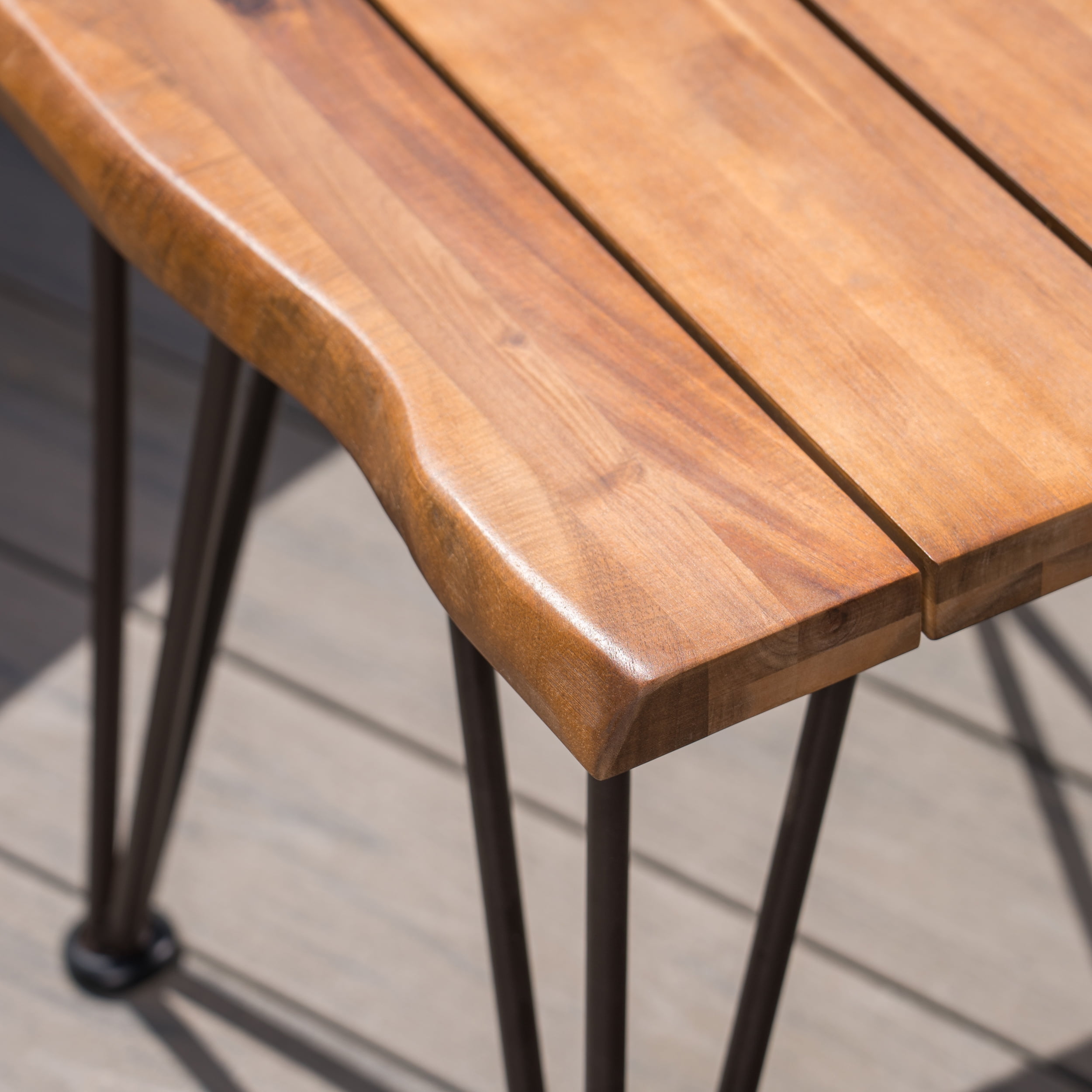 Outdoor Industrial 3 Piece Acacia Wood End Table Chat Set with Rustic Metal Finish Iron Frame,Teak