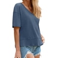 thumbnail image 5 of Short Sleeve Solid Color Summer Women V Neck Casual Flowy Tee Shirt, 5 of 6