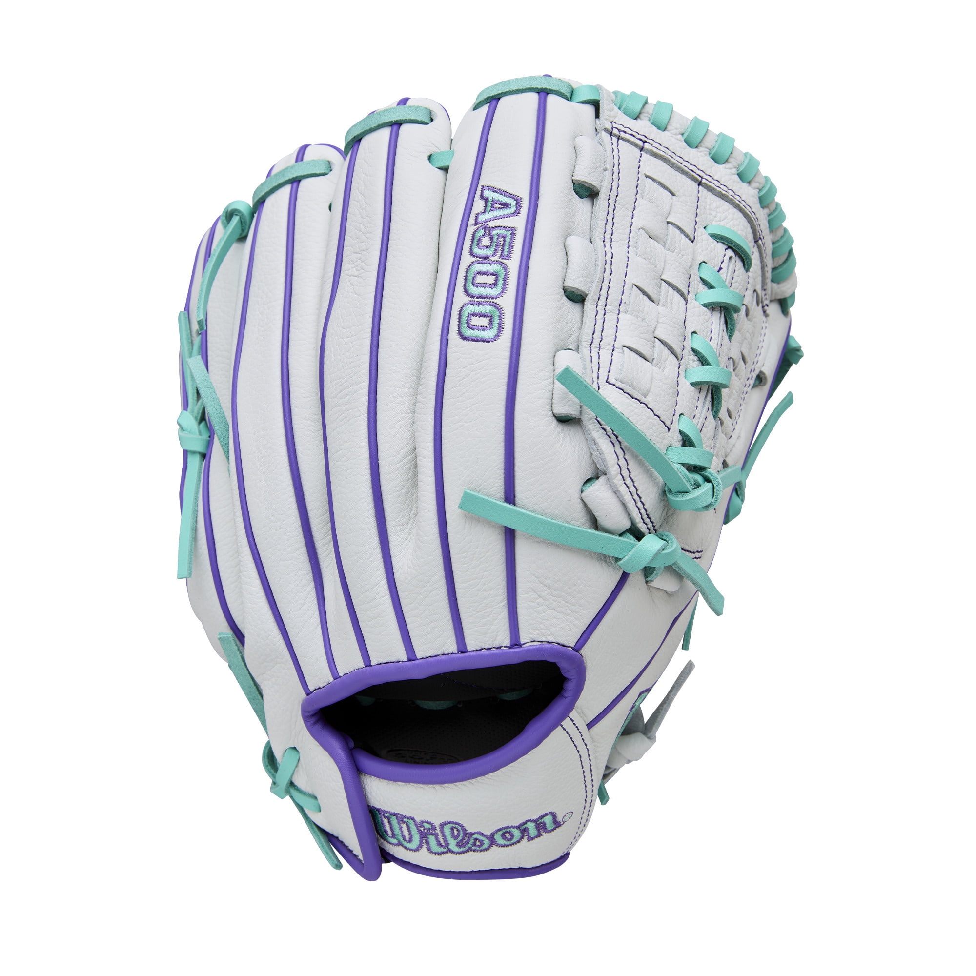 Wilson 2026 A500â„¢ Siren 11.75\" Youth Fastpitch Glove - White/Purple/Teal, Right Hand Throw
