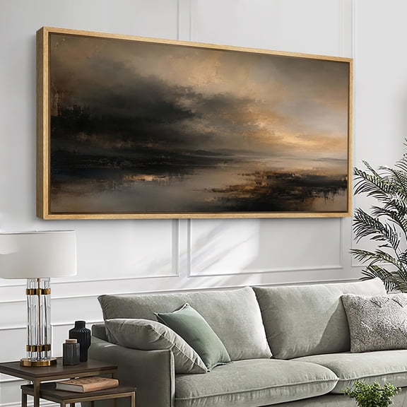 Large Framed Canvas Wall Art Moody Abstract Waterscape Print for Living Room Decoration - 60"x30" Natural Frame