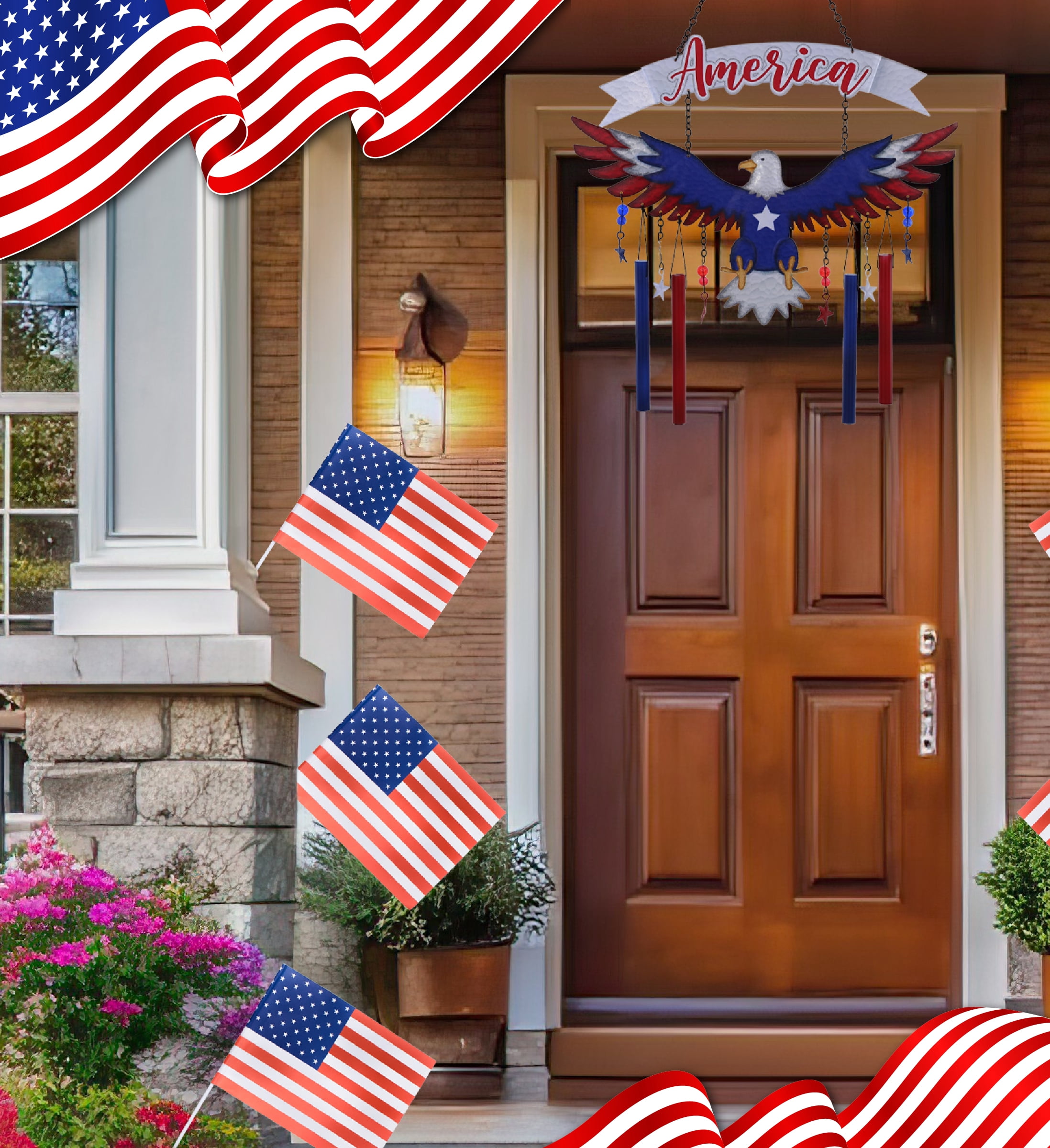 CoTa Global American Eagle Wind Chime - American Eagle Patriotic Indoor or Outdoor Windchime Home Decor with Hanging Bells, Handcrafted Glass and Metal Wind Chimes for Yard, Garden, Porch - 24 Inches