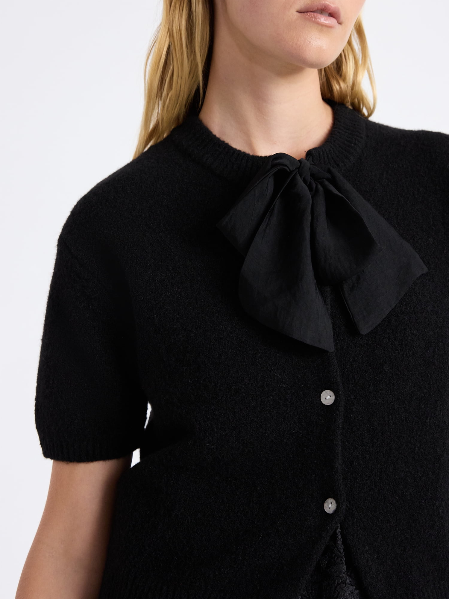 Free Assembly Women's Button-Front Bow Sweater with Short Sleeves, Midweight, Sizes XS-XXL