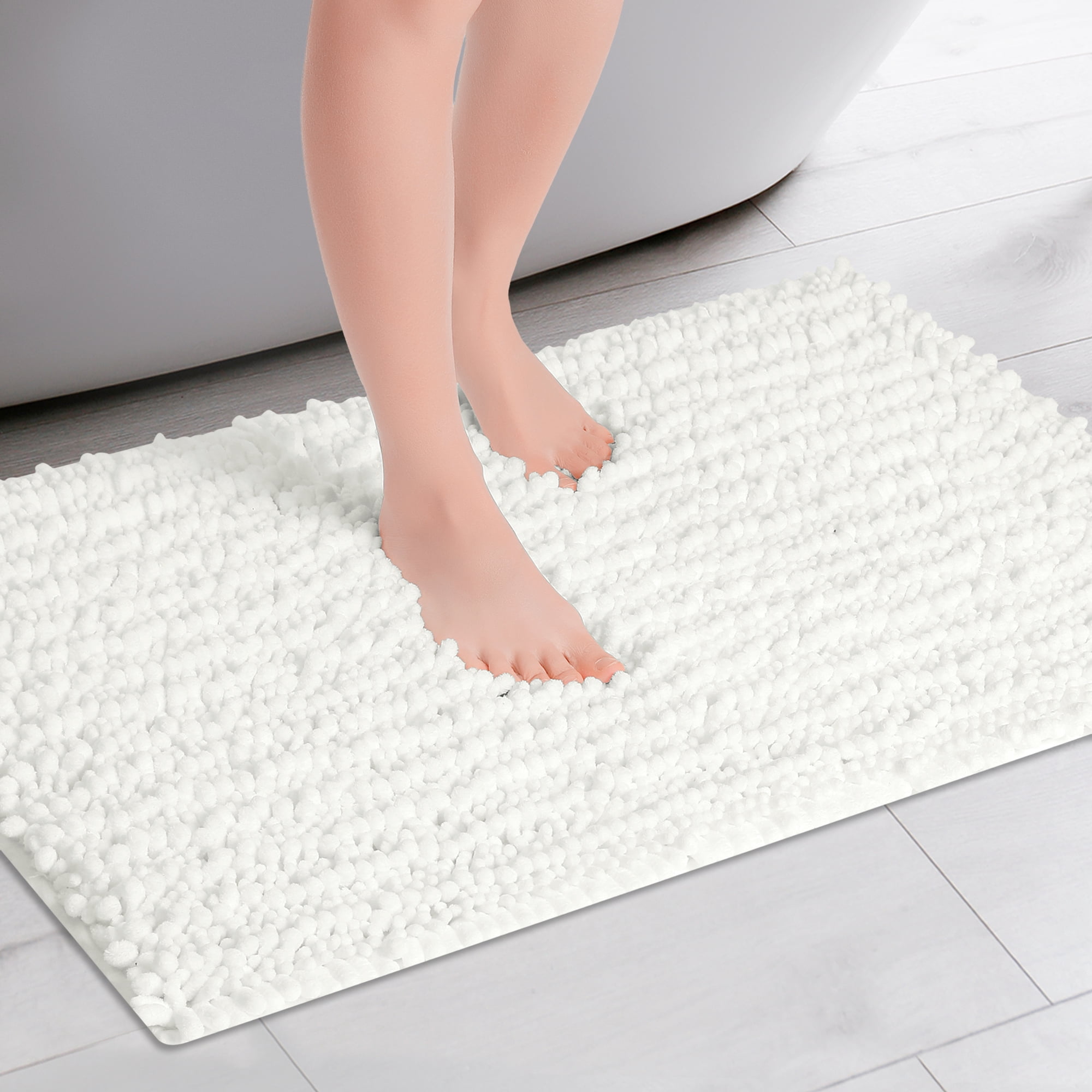 Unique Bargains Chenille Bathroom Rugs Non-Slip Bath Rugs Plain Washable Soft Shower Mat White 16" x 24"