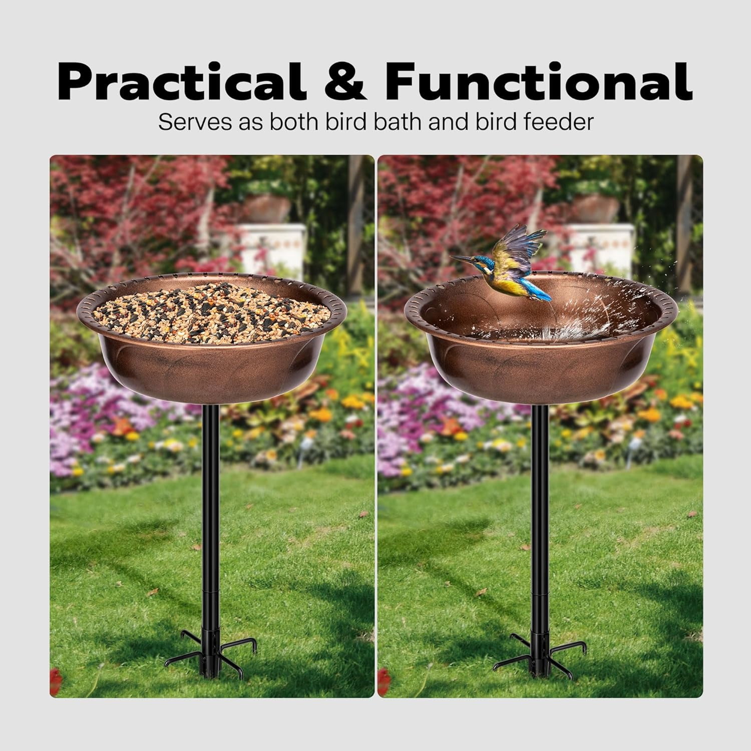SPECSTAR Bird Bath, Polyresin Birdbath Bowl with Metal Stake, 29 inch Height Outdoor Freestanding Birdfeeder, 1.4 Gallons, 5-Pronged Base, Bronze