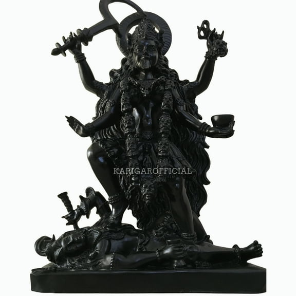 Kali Statue Standing on Shiva - Large 27 inches Mahakali Idol - Hindu Religious Maa Kali Murti - Goddess of death & Karma - Black Marble Indian Goddess Sculpture - Woman Empowerment Housewarming Gifts