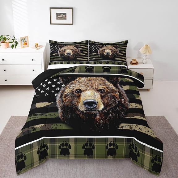 American Flag Hunting Comforter Set Twin Army Green Camo Hunting Bear Bedding Set Adults Men Rustic Farmhouse Buffalo Plaid Comforter Woodland Animal Bed Duvet Set 2 Pcs