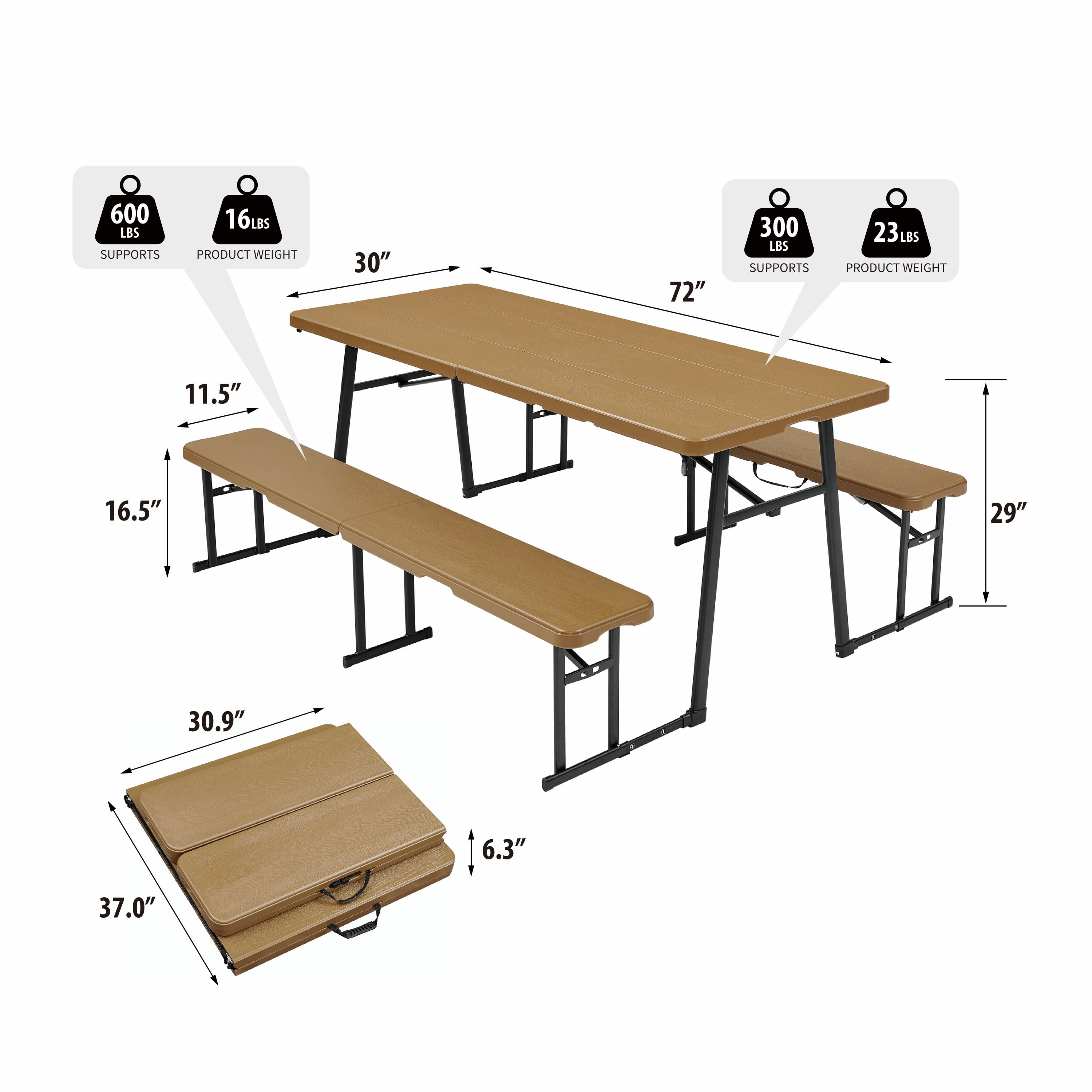 (2 pack) Living & More 3-Piece Folding Picnic Table Set, 6 ft Polyethylene Table with 2 Folding Benches, Dark Brown