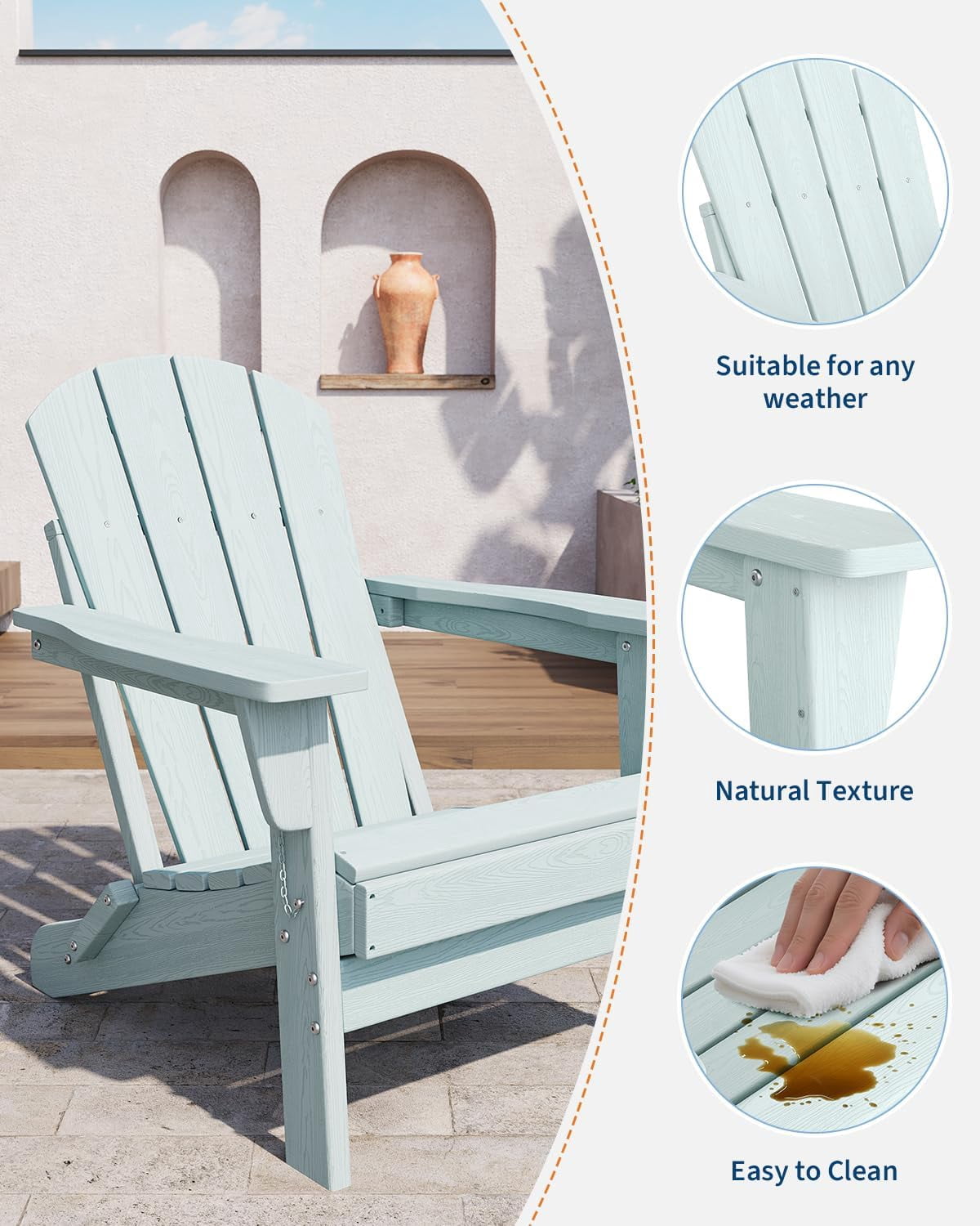 Outdoor Folding Adirondack Chair, 380lbs Capacity, Portable HDPE All-Weather Fire Pit Chair for Patio, Garden, Pool, Beach & Camping, Light Biue