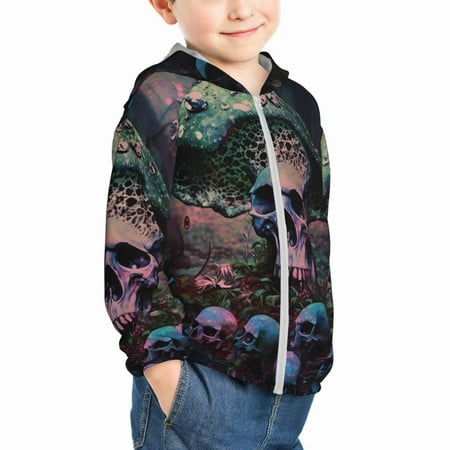 

Uemuo Forest Mushroom Skull Pattern Rash Guard for Boys Girls Long Sleeve Swim Shirts UPF 50+ UV Sun Protection Hooded Fishing Shirt with Pocket for Kid-4 Years